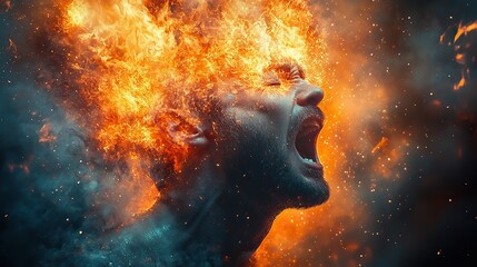 Wall Mural - a surreal portrait shows a man screaming, his head exploding into other screaming faces and fire, de