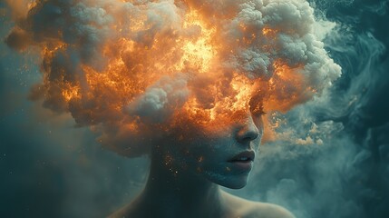 Wall Mural - a surreal representation shows a person with a cloud-like explosion from their head, experiencing me