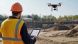 © aubriella - A drone surveyor conducting land mapping for construction projects, large construction site with drones flying over and data collection on tablet, High-tech style