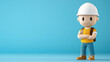 © KM - 3D illustration of cheerful male character wearing white hard hat, yellow shirt, and blue pants, standing confidently with arms crossed against blue background