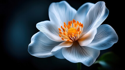 Poster - delicate 3D flower with vibrant petals and soft glowing effect, showcasing intricate details and serene ambiance against dark background