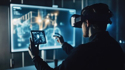 A game developer testing an augmented reality app, interactive tech studio with AR equipment and projections in the background, High-tech style