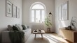 © mas - Modern minimalist living room with arched window, sunlight streaming in. Ideal for interior design inspiration