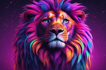  A Lion with a Stunning, Multicolored Rainbow Mane – A Creative Illustration. Generative AI