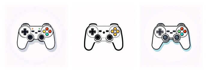 Leinwandbilder - Three white game controllers are depicted with variations in button colors and outline styles, presented on a clean white backdrop.
