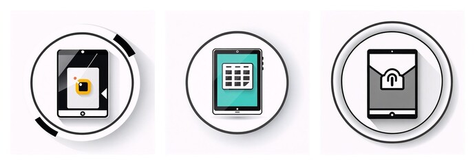 Fototapete - Three icons show tablets displaying an eye, calendar, and lock. These represent digital device features or apps with a clean, modern style.