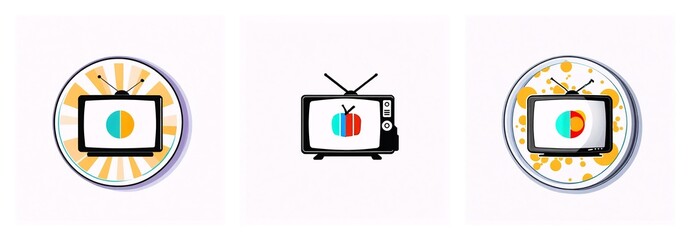 Aufkleber - Three vintage televisions with antennas are displayed. Each TV screen shows different color combinations. Retro media icons.