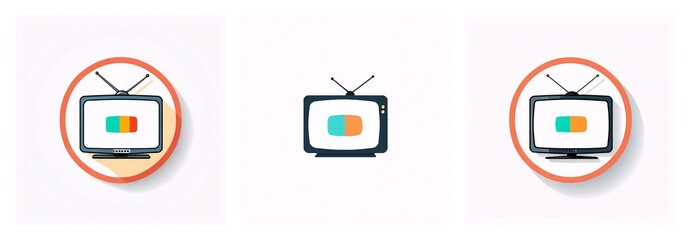 Aufkleber - Three retro television icons are displayed. Two are inside orange circles with shadows, while the center one is on a plain background. Each TV has antennas and a screen with colored rectangles.