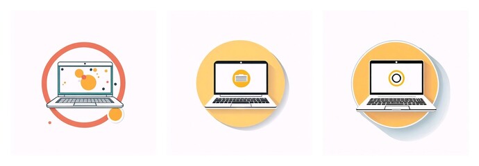 Poster - Three laptop icons in circles. The first has orange circles on the screen, the second has a folder, and the third has a settings gear.