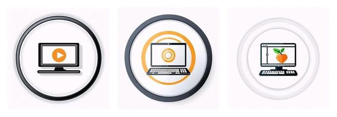 Fototapete - Three circular icons showing digital devices. First is monitor with play icon, second laptop with circle, third monitor with orange fruit.
