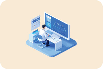medical professional analyzing patient data on computer: isometric vector illustration of healthcare