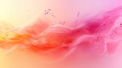 Wall Mural - pink music notes flow on a pastel pink and orange gradient, a harmonious design for music, melody, a