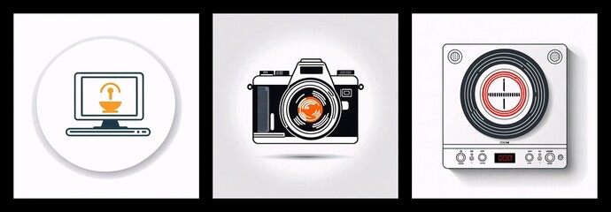 Aufkleber - Three icons in circles: a desktop computer with a signal, a classic camera lens, and a cooktop stove with a target symbol.