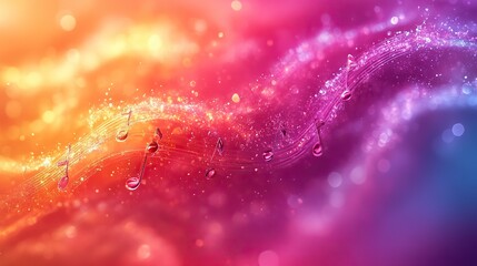 Wall Mural - pink music notes flow on a pastel pink and orange gradient, a harmonious design for music, melody, a