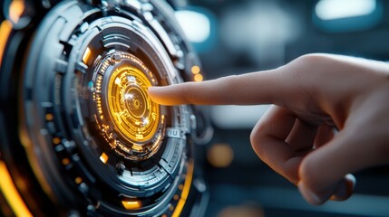 Closeup view of a sleek modern control panel with glowing illuminated buttons knobs and digital displays  Represents advanced technology engineering and innovative design in a futuristic
