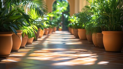 Potted plants line a bright hotel corridor, creating a relaxing atmosphere.
