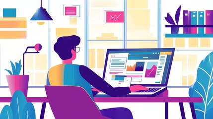 A digital marketing specialist creating content on a laptop, with a focus on designing ads and email templates. The room is modern, featuring vibrant colors and tech tools to enhance productivity 