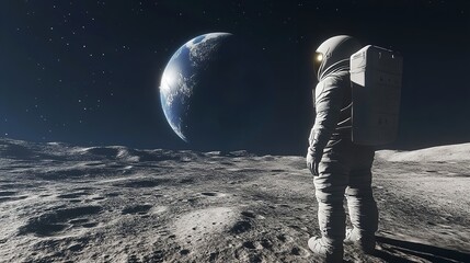 astronaut standing on the moon looking at earth with stars in the background on a dark night