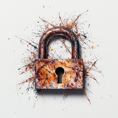 Aufkleber - Artistic Representation of a Vintage Padlock Surrounded by Colorful Paint Splashes and Texture