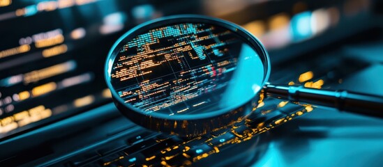 Magnifying glass focusing on computer code.