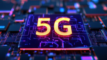 Poster - Vibrant 5G Technology Graphic with Circuit Board Background and Neon Colors