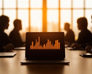Leinwandbilder - Business meeting with data analysis on laptop screen and silhouettes of professionals in background