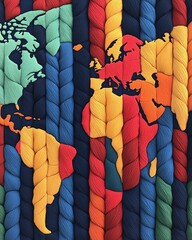 Aufkleber - Colorful Textured Map of the World Created with Strands of Yarn and Rope on a Dark Background