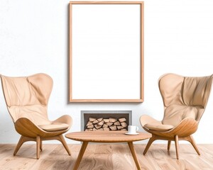 Poster - Cozy Living Room with Modern Chairs and Blank Canvas Frame in Stylish Interior Decoration