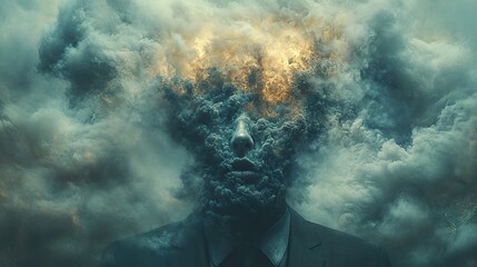 Wall Mural - surreal artwork illustrates a person in a suit with their head dissolving into smoke, symbolizing me