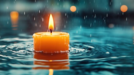 Poster - Vibrant Yellow Candle Flickering on Water Surface Under Rain with Soft Reflections and Bokeh Effect