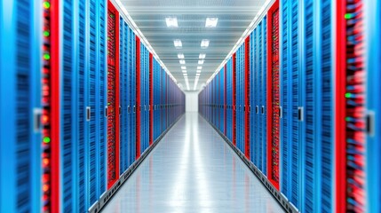 Fototapete - Modern Data Center Aisle with Blue and Red Server Racks for Technology and Networking Visuals