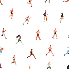 Poster - Seamless pattern, people jogging and running. Active diverse characters training, endless background. Healthy sports activity, repeating print design for wallpaper, fabric. Flat vector illustration