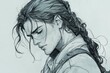 © Cybermouse - A detailed sketch of a young man with long braided hair, deep in thought, set against a soft background