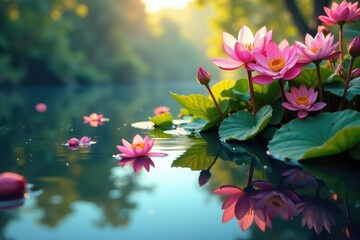 Wall Mural - abstract floral design mirroring in calm lake water , art, design