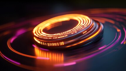 Wall Mural - glowing metallic disc with concentric rings and vibrant neon accents