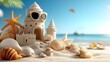 © milenialdesastudio - Seashells surround a whimsical sandcastle wearing sunglasses on a sunny beach