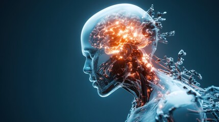 Translucent robotic head, glowing brain.  Intricate design