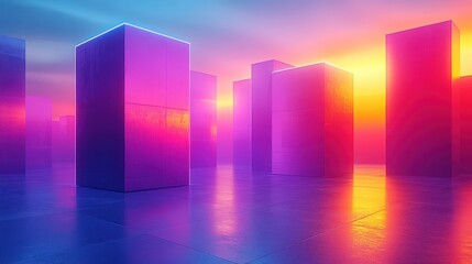 Wall Mural - sunset over vibrant, reflective, geometric structures