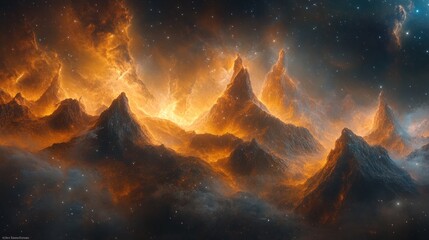 Wall Mural - Fiery, alien mountains pierce a nebula, stars twinkling in cosmic dust