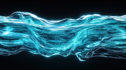 Wall Mural - abstract teal digital wave flowing, glowing, dark background