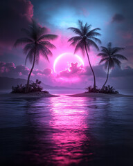 Poster - A beautiful, colorful digital art-style illustration of a tropical paradise, with a dark background