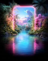 Aufkleber - A beautiful, colorful digital art-style illustration of a tropical paradise, with a dark background
