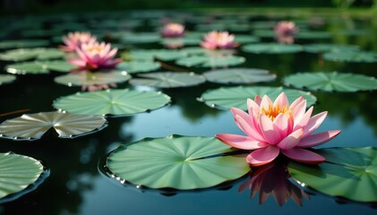 Wall Mural - water lilies forming a floral pattern across a still lake, background, beautiful