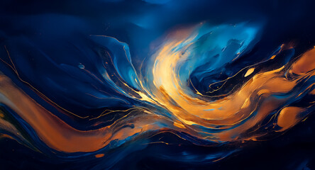 Aufkleber - Abstract fluid art with swirling blue and gold hues creates a dynamic and elegant texture. Evokes depth and movement.