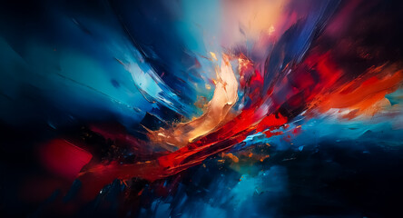 Poster - Vibrant abstract art with dynamic brushstrokes and rich color palette.  Explosive energy and fluid movement are depicted through contrasting hues of blue, red and orange.
