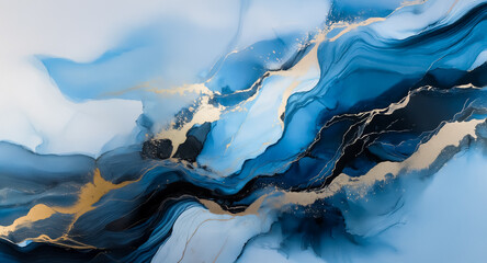 Poster - Abstract artwork with flowing blue, white, and gold hues creating a liquid ink effect. Elegant and modern design.