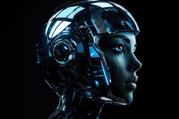 Poster - A female cyborg, profile view, futuristic helmet, glowing blue accents, dark background.