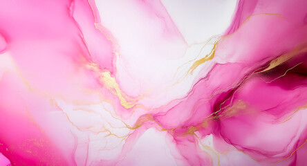 Poster - Abstract pink and white fluid art with gold accents creating a dreamy, flowing texture. Soft, elegant, and visually appealing with a delicate marble-like effect.