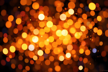 Poster - Abstract image of blurry, glowing lights in shades of orange, yellow, and a touch of blue, creating a bokeh effect against a dark backdrop. Festive and warm mood.