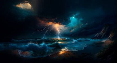 Poster - A stormy sea at night with bright lightning illuminating the dark sky and crashing waves against a rocky shore. Dramatic ocean scene.